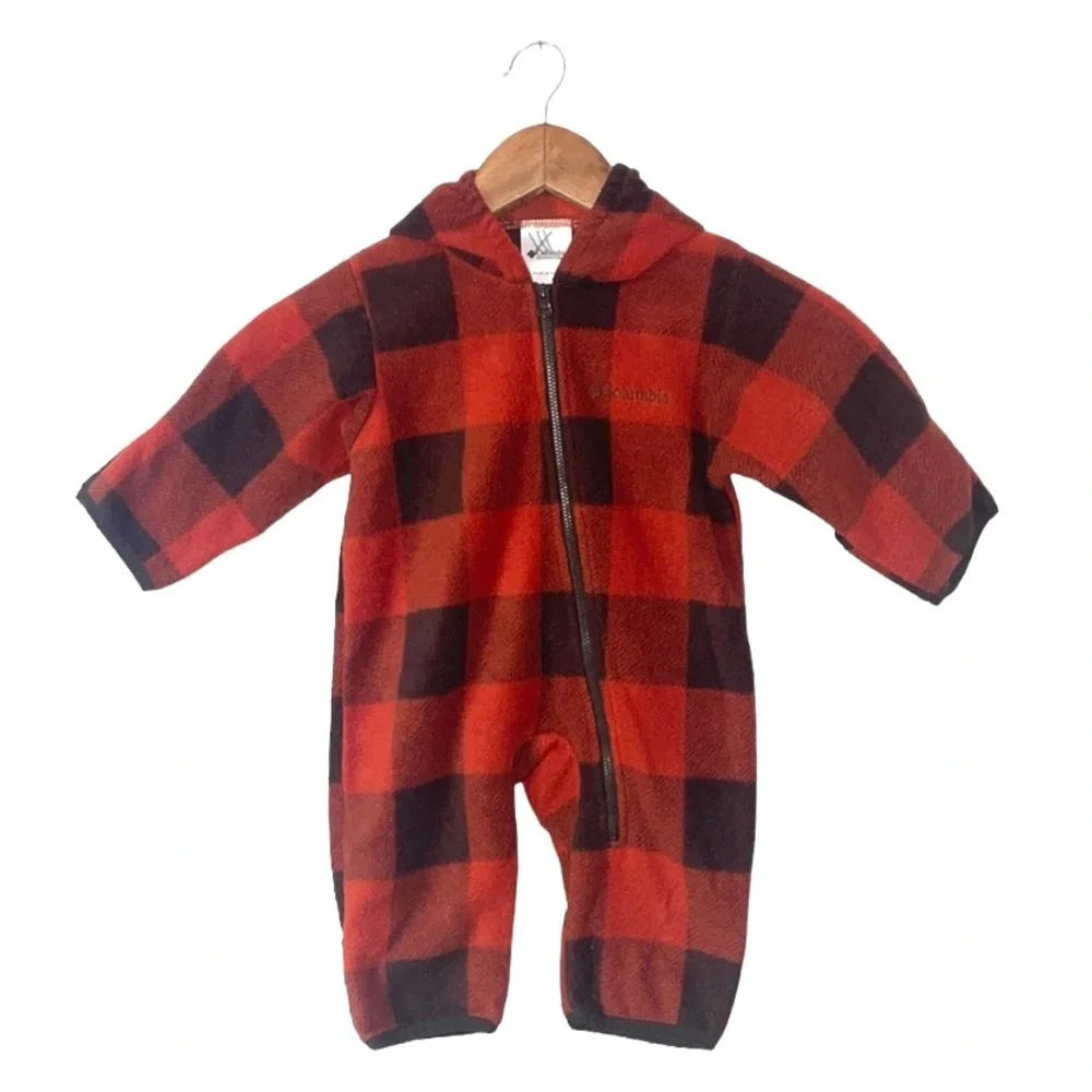 Columbia Fleece Snowsuit Red Orange Plaid Hooded Baby Infant  6 Months